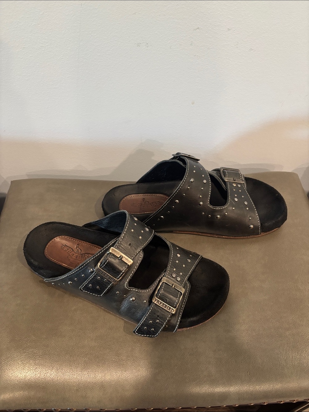 freebird Black Studded Double-Buckle Slide Sandals - Picture 4 of 6